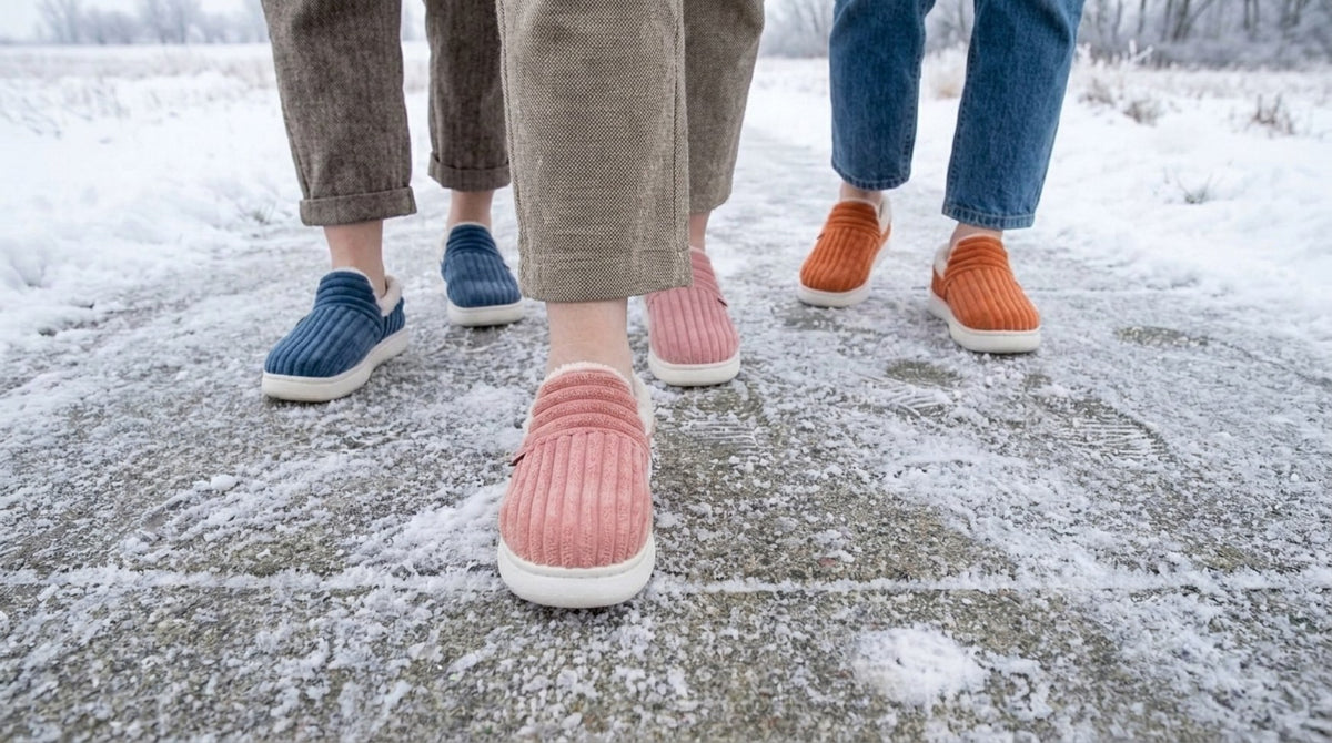 Three people walking on a snowy path wearing Puffsole slippers in blue, pink and orange
